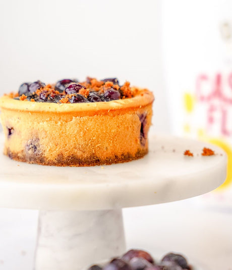 Grain-Free Blueberry Cheesecake with blueberry compote on top.