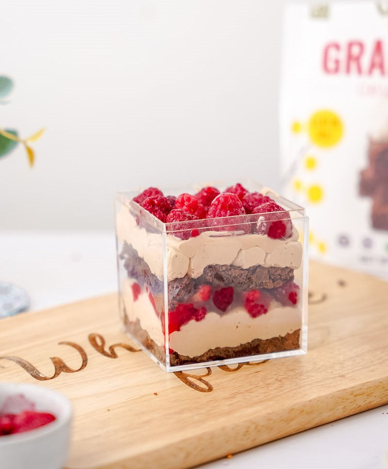 Chocolate Raspberry Brownie Trifle with Otto's Naturals Grain-Free Brownie mix in background
