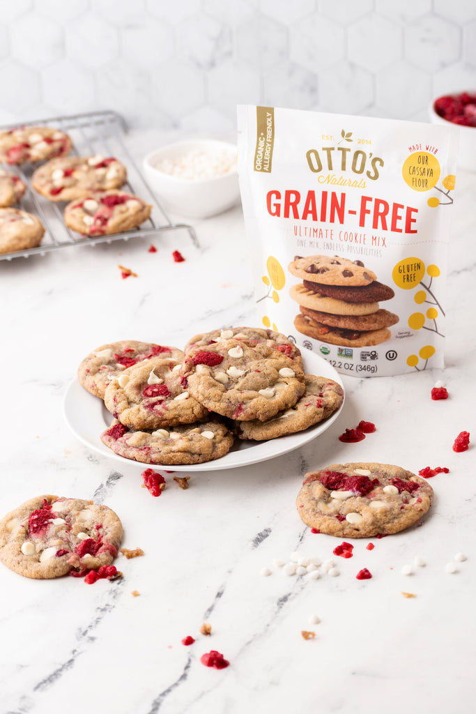 White Chocolate Raspberry Cookies in Front of a Grain-Free Cookie Mix Bag