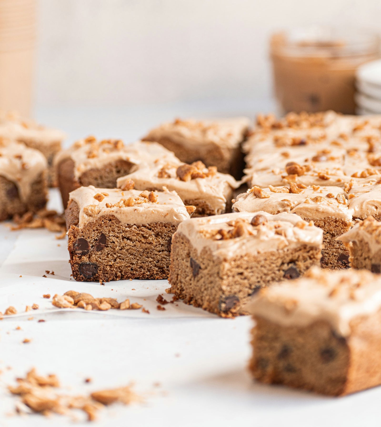 Peanut butter chocolate chip cookie bars with frosting