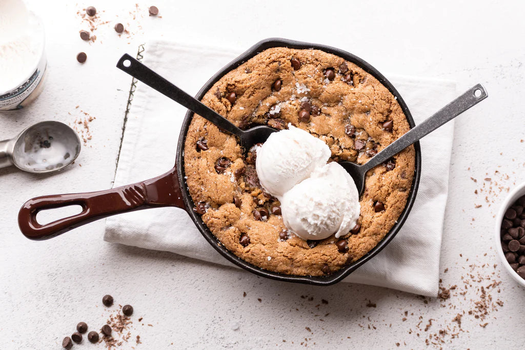 Grain-Free Chocolate Chip Cookie Skillet with Vanilla Ice Cream on top