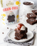 cassava flour brownie with vanilla ice cream and chocolate sauce