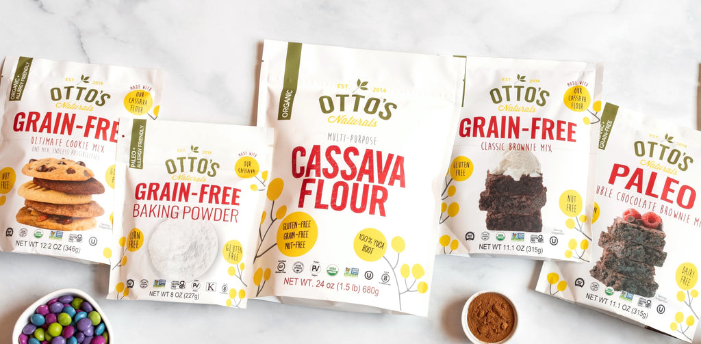 grain-free cookie mix, baking powder, cassava flour, brownie mix, and paleo brownie mix packaging from Otto's Naturals.